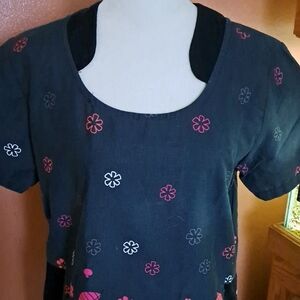 UA Scrubs Black Top with Pink and White Floral Design